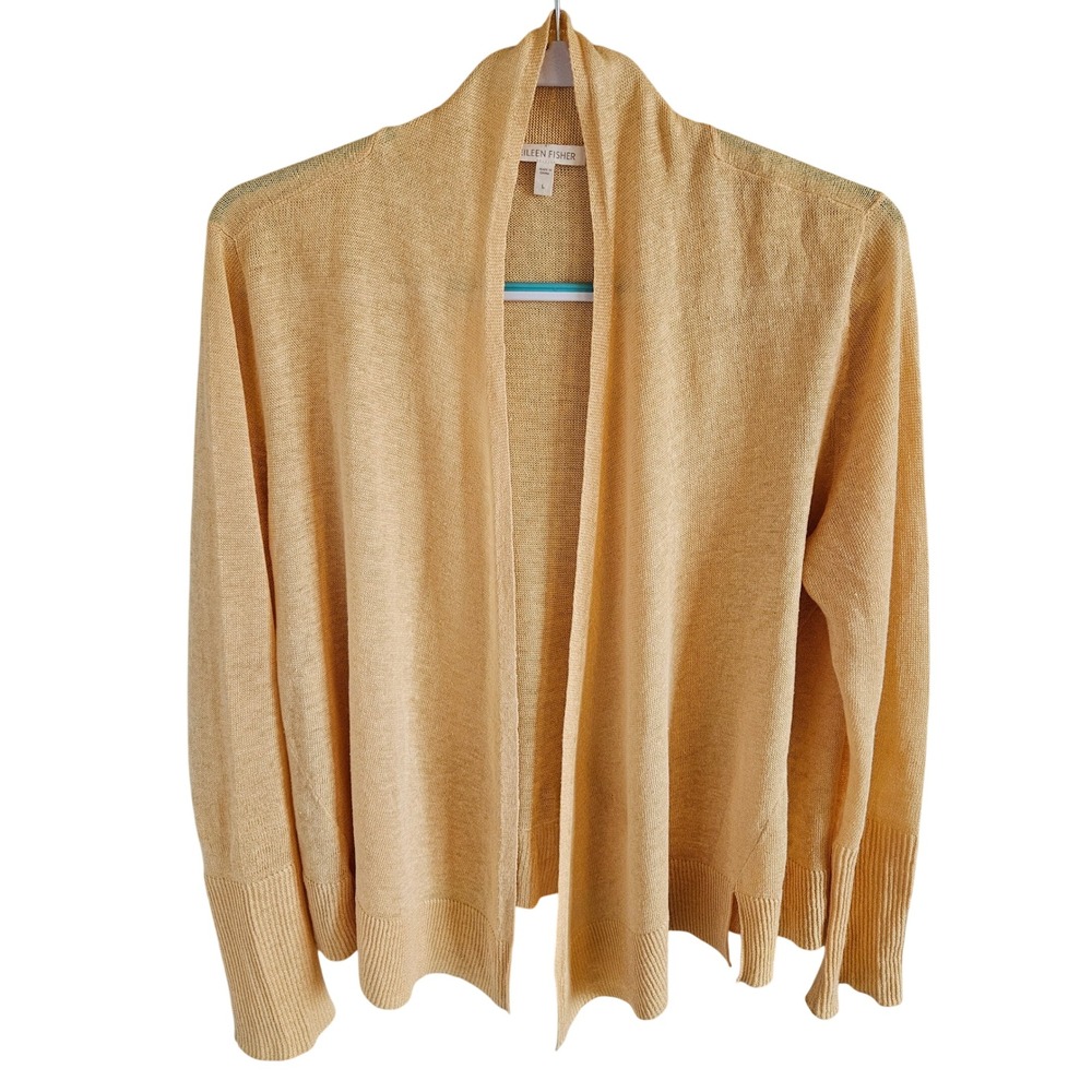 Eileen Fisher Woman Size L 100% Linen Cardigan Side Vent Open Front Yellow Gold